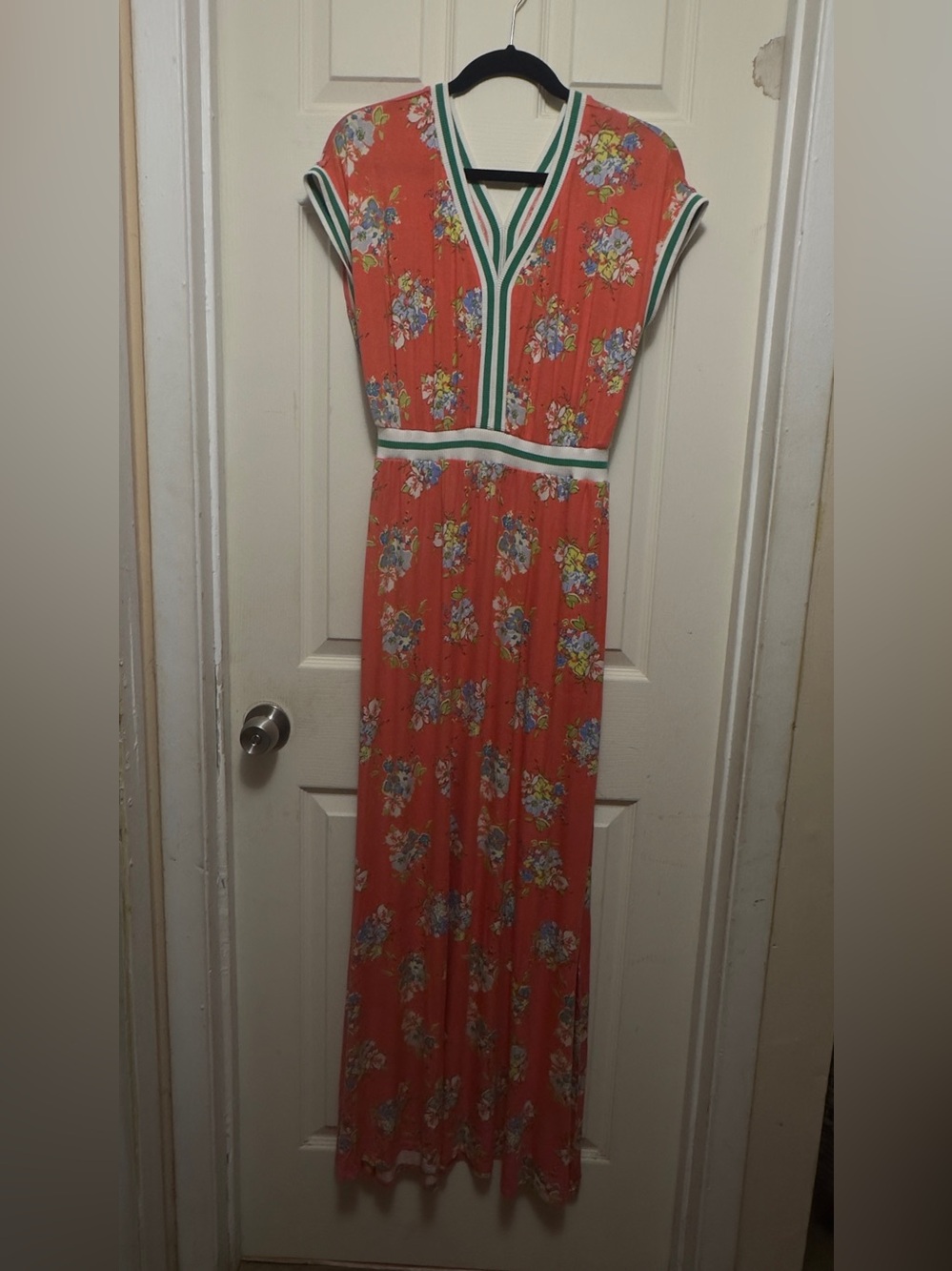 Matilda Jane Floral Orange Maxi Dress with green and white Striped Trim . Size M